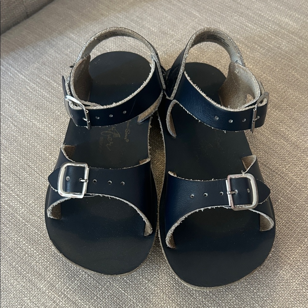 Kids Black Leather Buckle Sandals